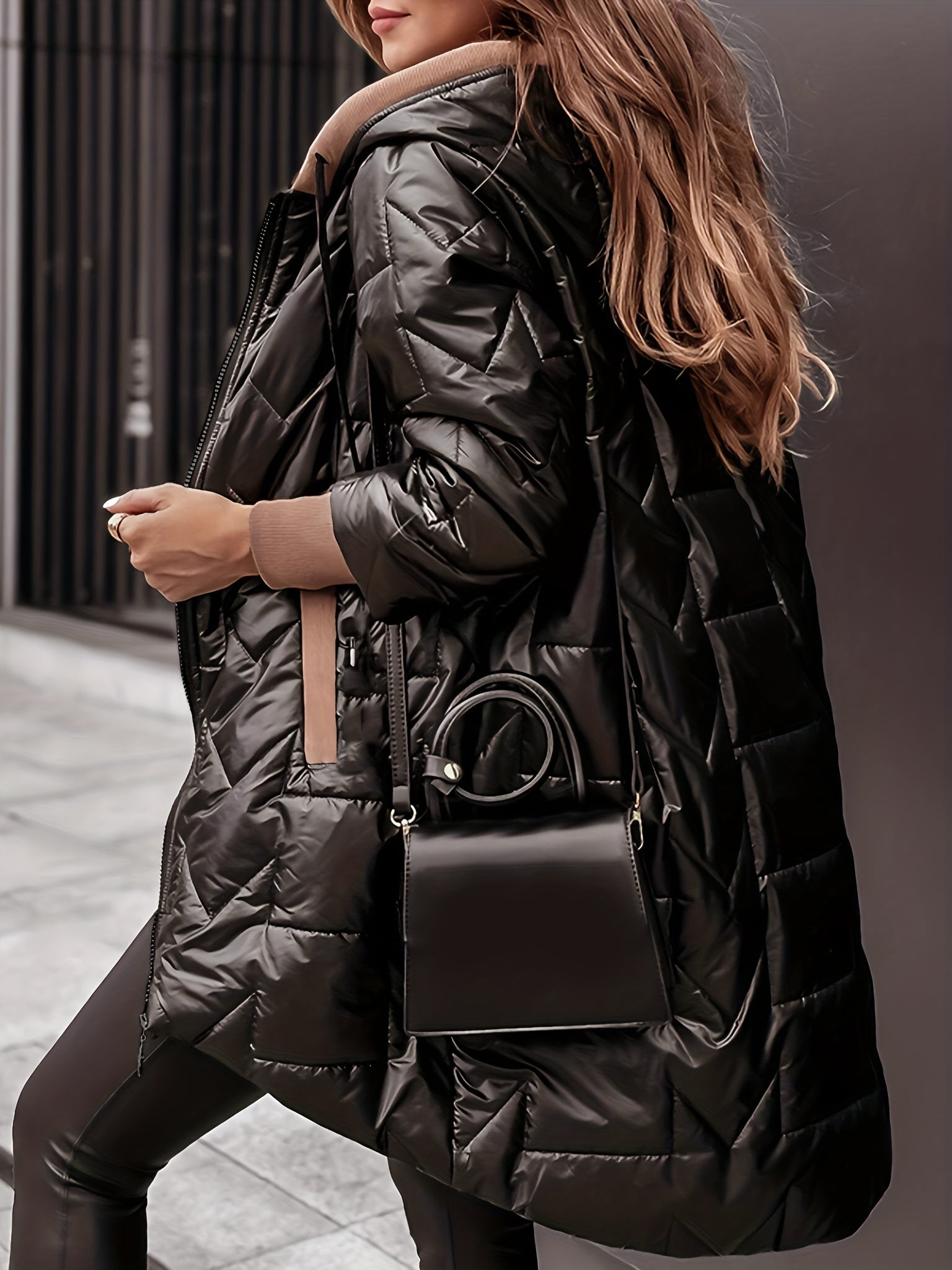 Women's Warm Winter Coat, Hooded Jacket, Mid - Length with Pockets and Asymmetrical Hem Padded Coat - veyora