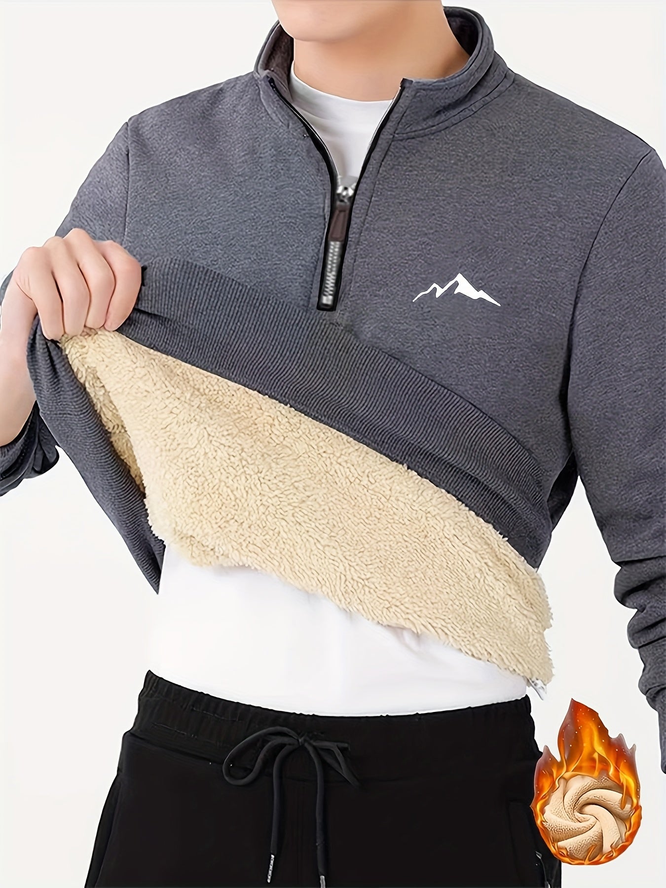 Men's Thermal Fleece - Lined Winter Pullover with 1/4 Zipper, Stand Collar & Geometric Print - 300gsm Polyester Casual Outdoor Wear, Machine Washable - veyora