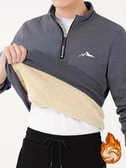 Men's Thermal Fleece - Lined Winter Pullover with 1/4 Zipper, Stand Collar & Geometric Print - 300gsm Polyester Casual Outdoor Wear, Machine Washable - veyora
