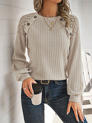 Women'S Clothing Contrast Lace Raglan Sleeve Button Detail Top - veyora