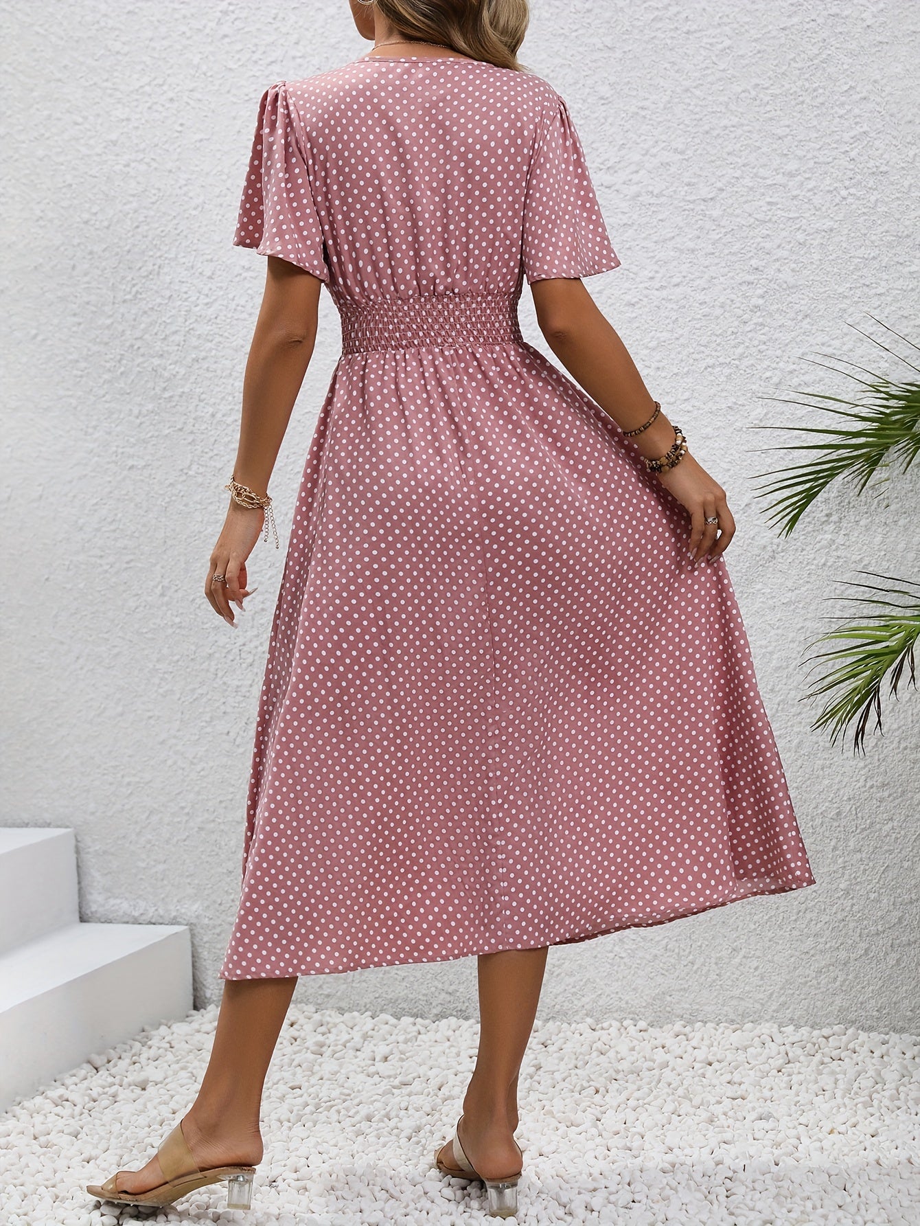 [Pink Polka Dot] Midi Dress for Women - Chic Pink Polka Dot, V-Neck, Ruffle Sleeves, Cinched Waist - Lightweight Polyester, Machine Washable, Perfect for Spring/Summer