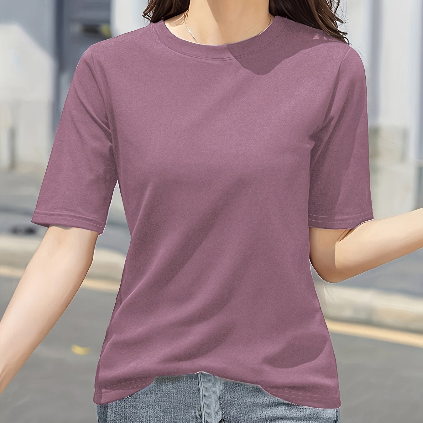 Women'S Elegant Solid Color T-Shirt - Soft Pink Crew Neck Short Sleeve Top, Perfect for Summer Fashion, Everyday Tshirt | Versatile Top | Comfortable Fit - veyora