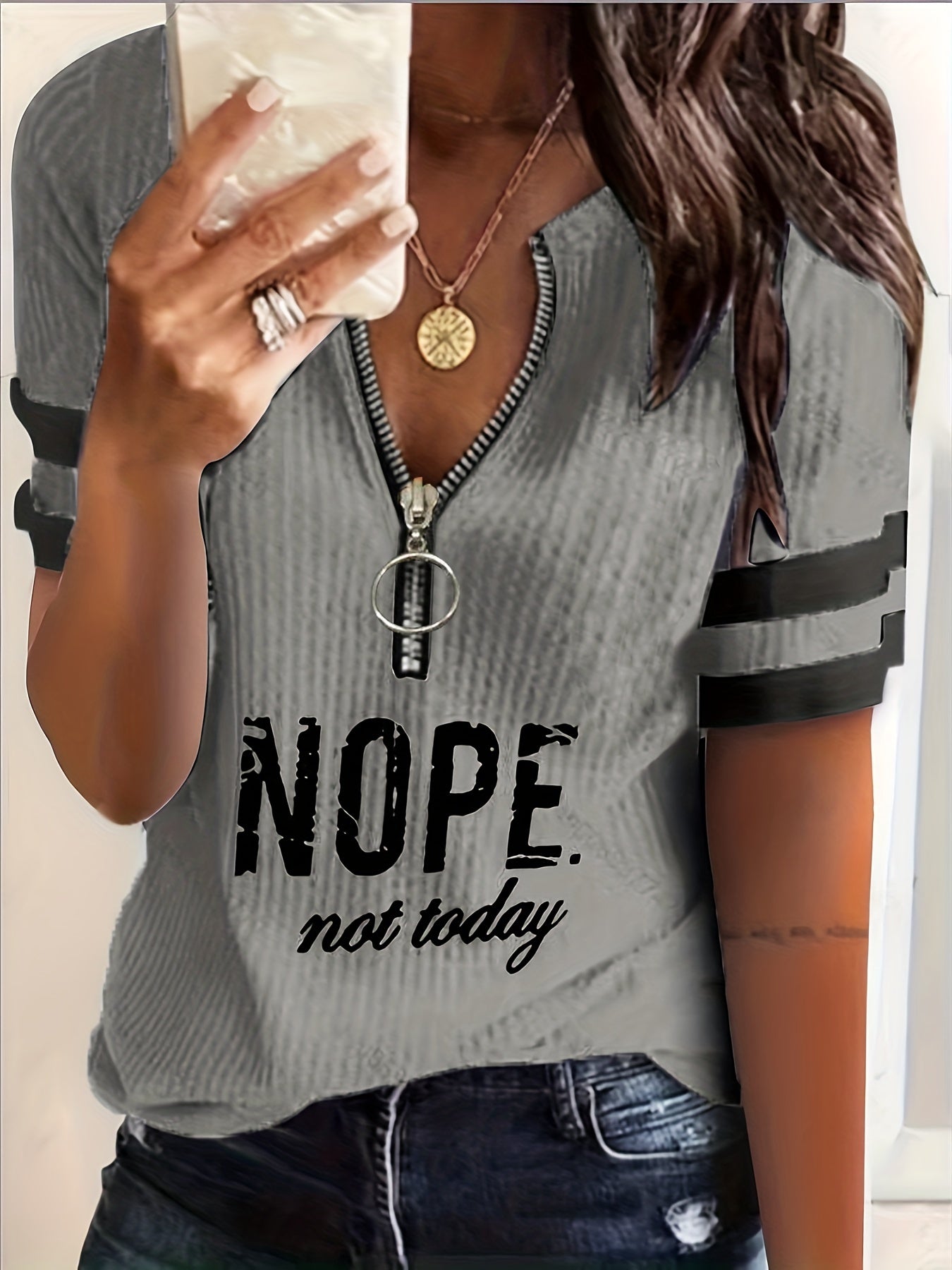 Stripe & Letter Print Zipper Front T-Shirt, Casual Short Sleeve T-Shirt For Spring & Summer, Women's Clothing - veyora