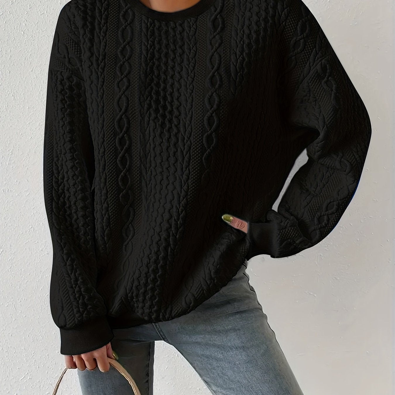 Women's Casual Textured Round Neck Pullover Sweatshirt - Loose Fit Raglan Sleeves, Medium Stretch, Machine Washable, All - Season Comfort, Cute Sweatshirts - veyora