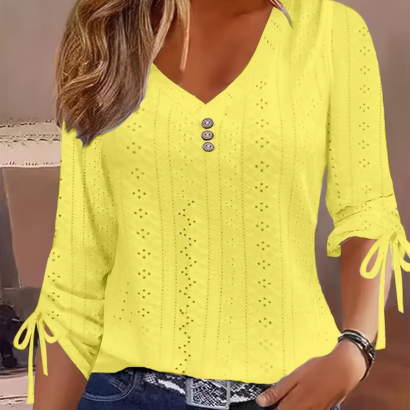 European and American Style New Elegant Solid Color Jacquard Button - Up Long Sleeve Top - veyora