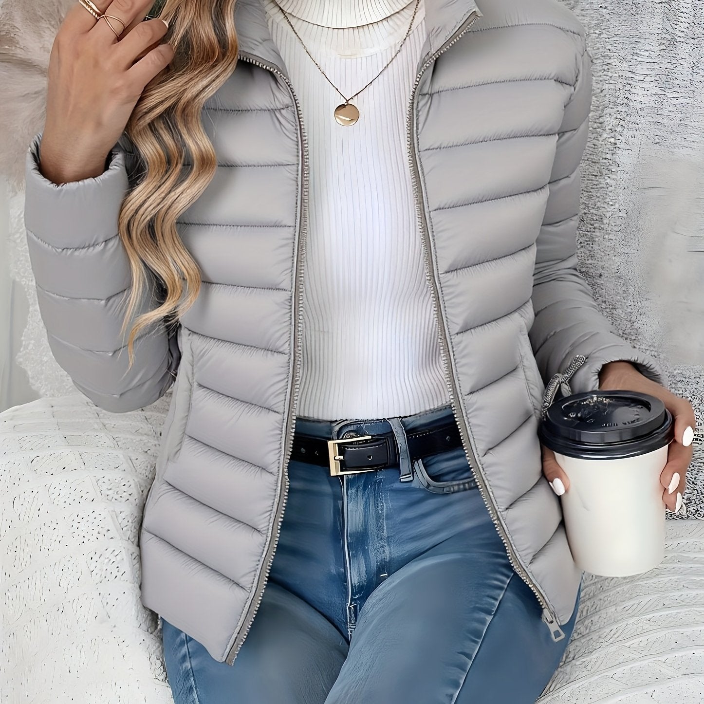 Women's Spring Slim - Fit Lightweight Warm Solid Color Jacket - Elegant Fashion Versatile Beautiful Coat - Stand Collar Zipper Long Sleeve - Casual Padded Polyester Short Coat - Winter Clothing - veyora
