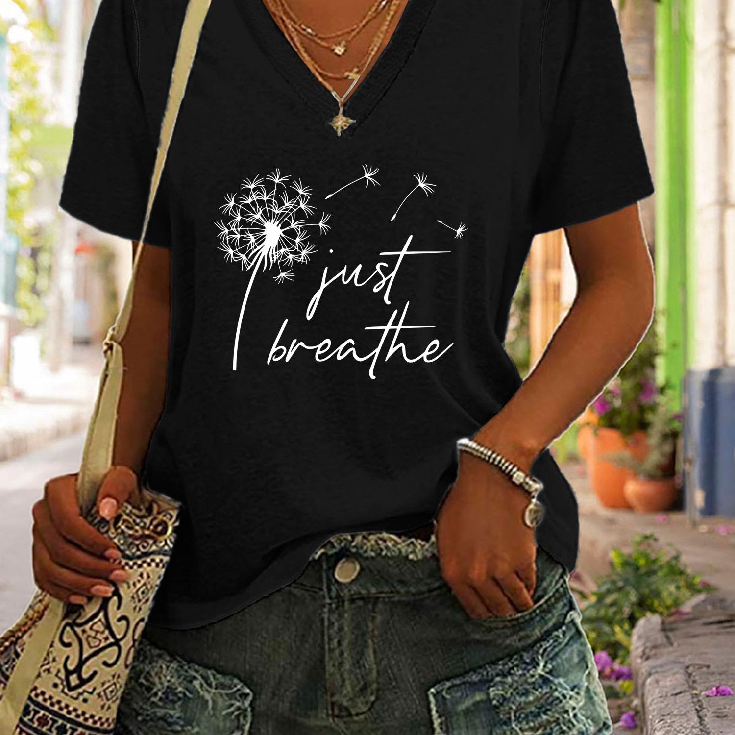 Dandelion Print T-Shirt, V Neck Short Sleeve Summer Casual Top, Women's Clothing - veyora
