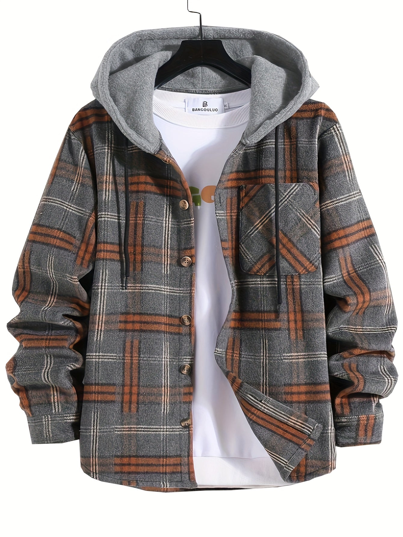 Long Sleeve Men's Warm Plaid Hooded Jacket for Autumn, Outdoor Casual Trendy Cloth - veyora