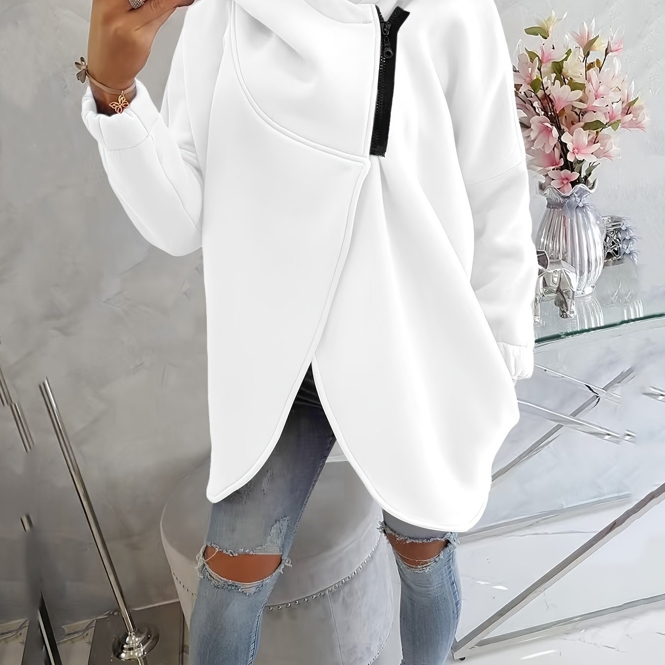 Women'S Hooded Jacket - Long Sleeve Coat with Front Zipper Closure, Lightweight Outerwear for Everyday & Formal Outfits - Spring/Fall Transitional Layering Piece, Spring Fall Clothing, Casual Style, Durable Fabric, Office Wear - veyora