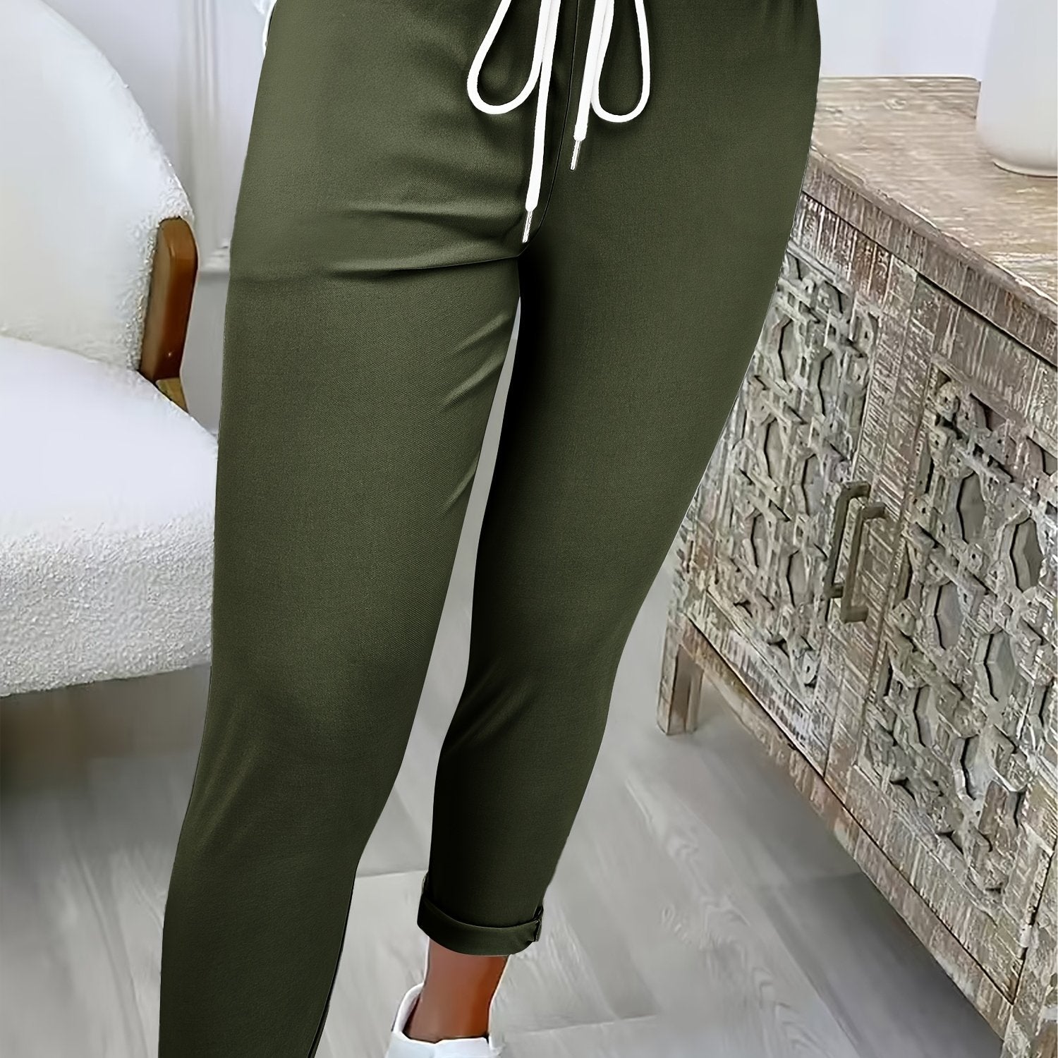 Women's Solid Color Casual Wide - Pants with Elastic Drawstring Waist - Trousers Suitable for, Casual Attire & Semi - Formal Attire - Machine Washable Solid Color Pants - veyora