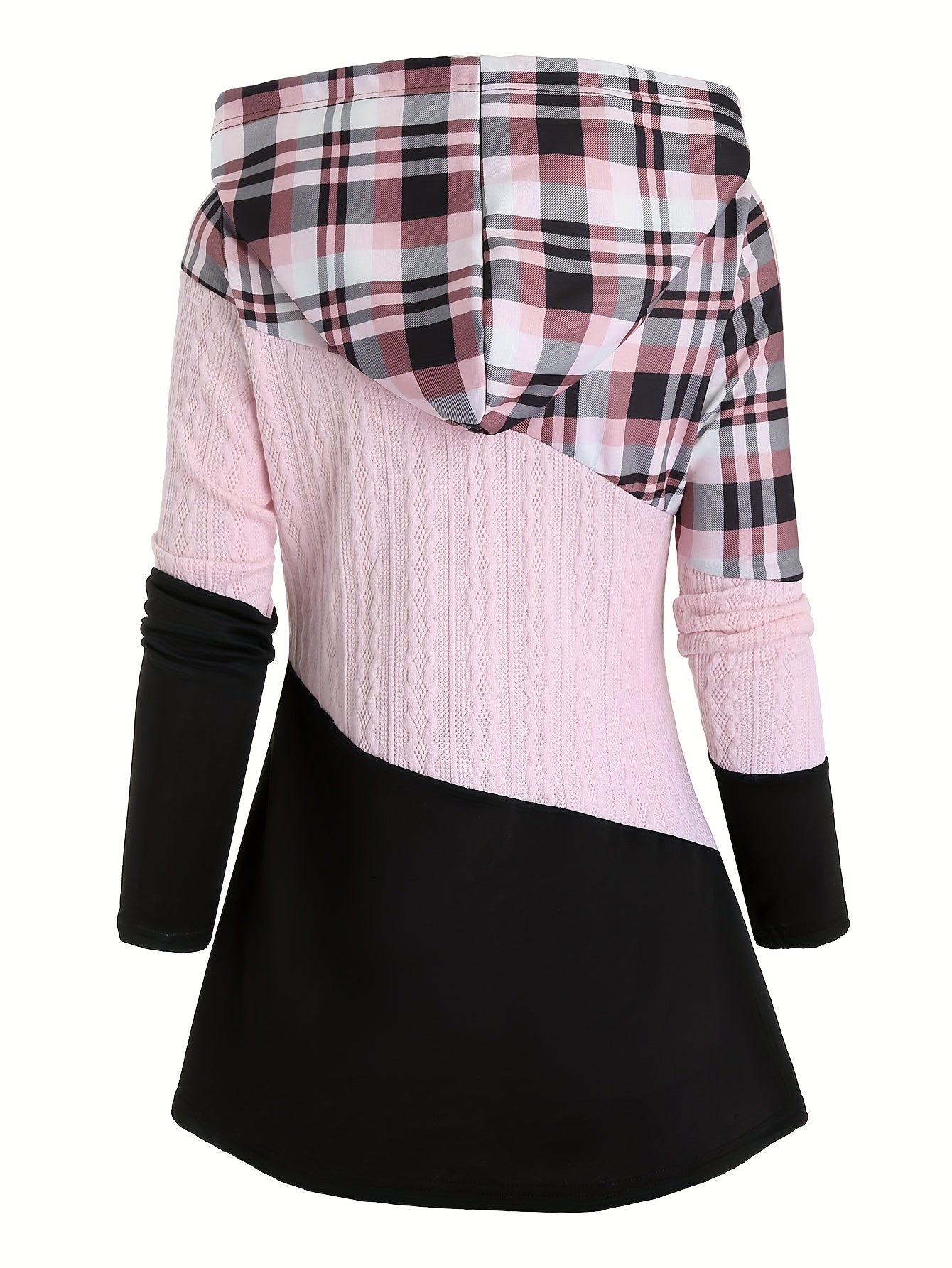 Women's Plaid Patchwork Hooded Long Sleeve Drawstring Pullover Casual Fashion Hoodie - veyora