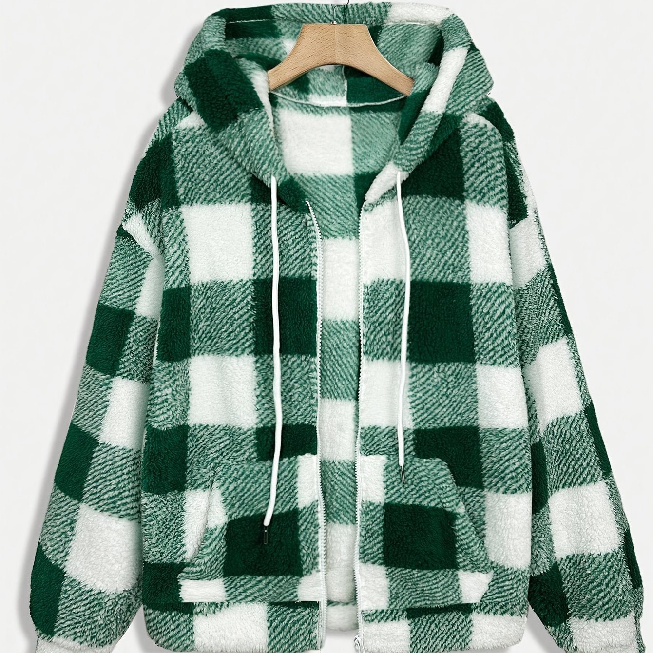 Women'S Plaid Fleece Coat - Mustard - Yellow & Checkered Winter Warmth, Soft Plush Jacket with Full - Zip Front Closure, Cozy Casual Outerwear for Fall & Winter, Winter Clothing, Fall Fashion, Stylish Outerwear, Fashion Lovers - veyora