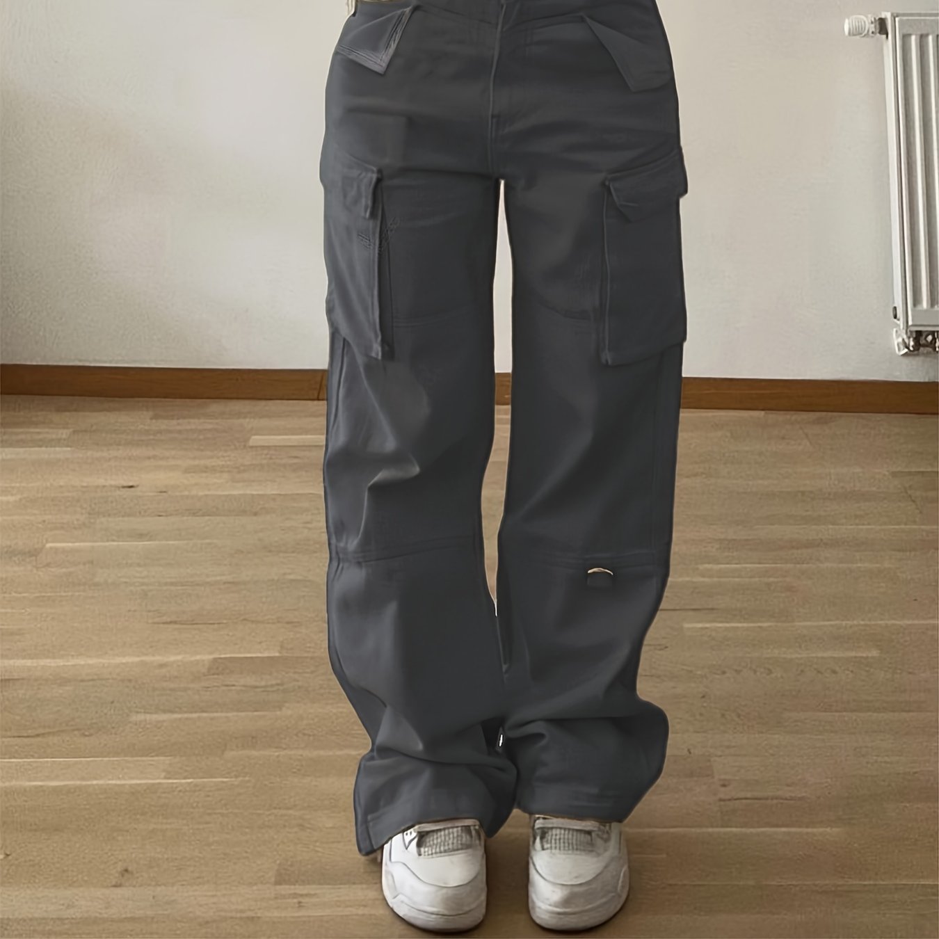 Designer Cargo Pants with Flap Pockets, Women's Elegant Casual K2Y Solid Color Trousers, Women's Pants - veyora