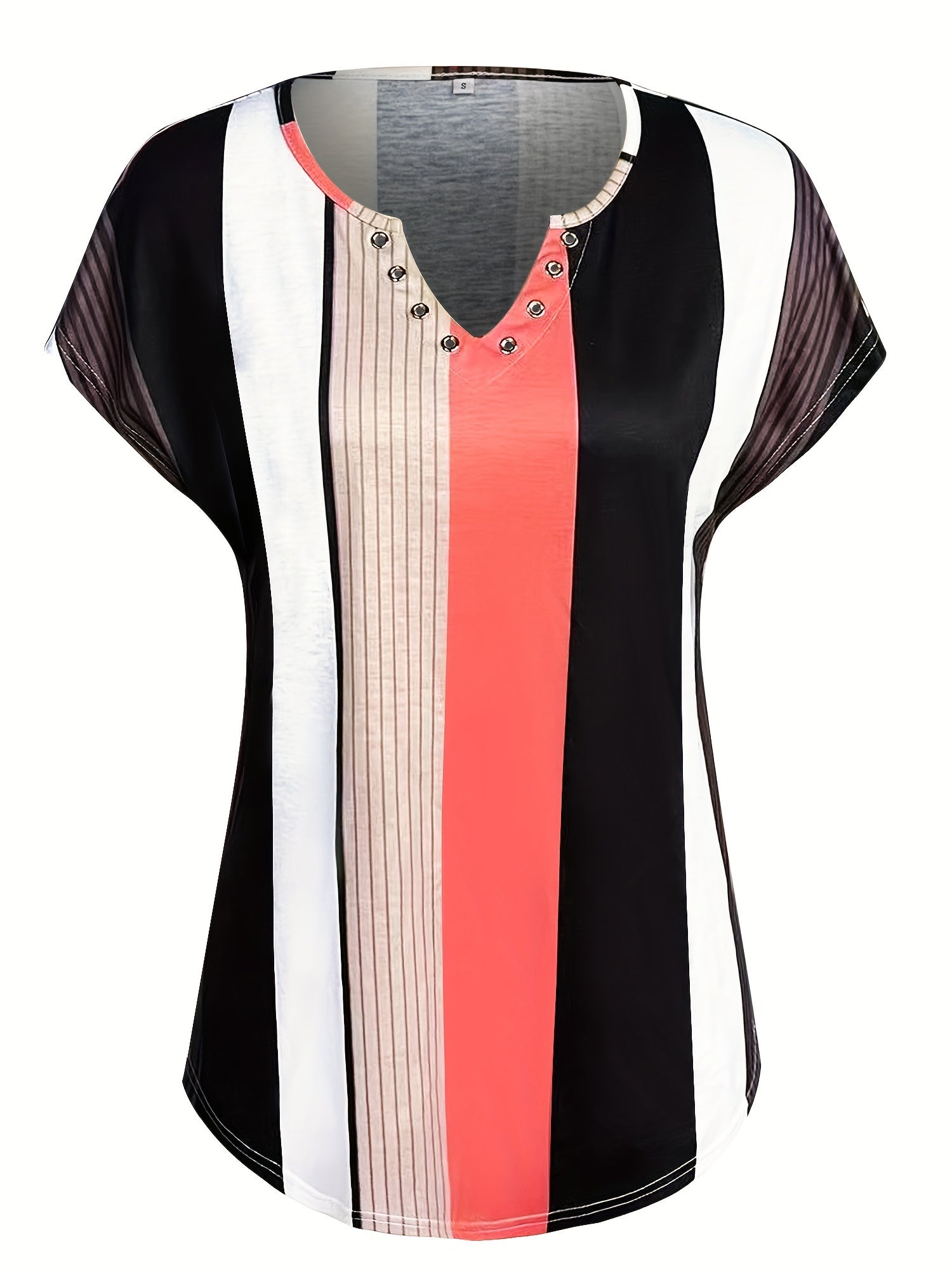 Colorblock Stripe Print V Neck T-Shirt, Casual Short Sleeve Top For Spring & Summer, Women's Clothing - veyora