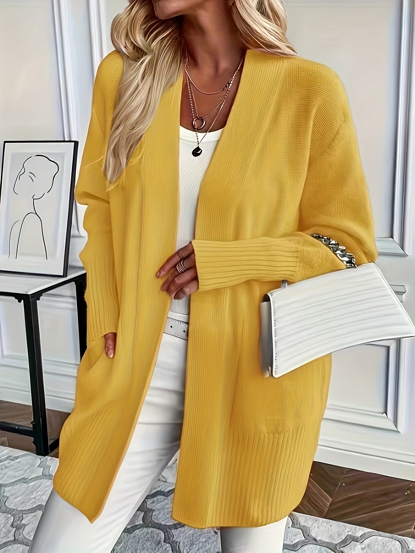[Cozy Cardigan] Cozy Yellow Women's Knit Cardigan | Long Sleeve, V - Neck, Loose Fit, Fall & Winter Stylish Pullover, Autumn Winter Apparel, Vibrant Cardigan, Knit Construction, Cardigan Sweater - veyora