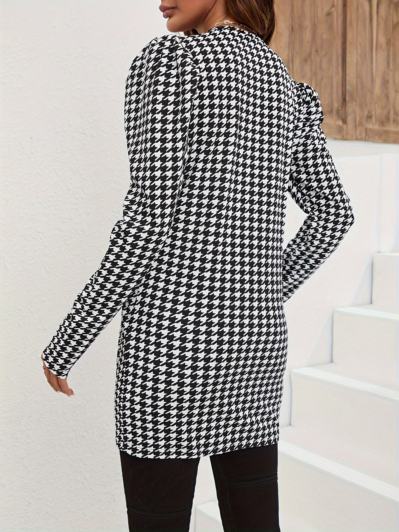 A Checkered Print Coat with Lamb Leg Sleeves And an Open Front, Perfect for Women'S Casual Wear in Spring And Autumn, Long - Sleeved And Versatile - veyora