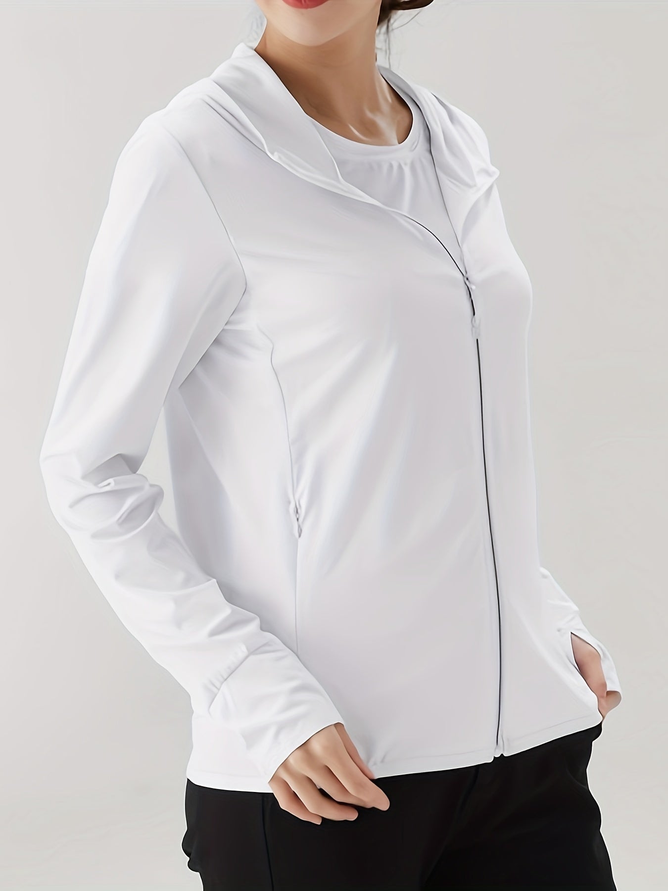 [Breathable Hooded Sweatshirt] Lightweight Breathable Women's Hooded Sweatshirt - Zip-Up Windbreaker Jacket, Polyester & Spandex Blend, Ideal for Sports, Beach, Travel & Fishing, Solid White