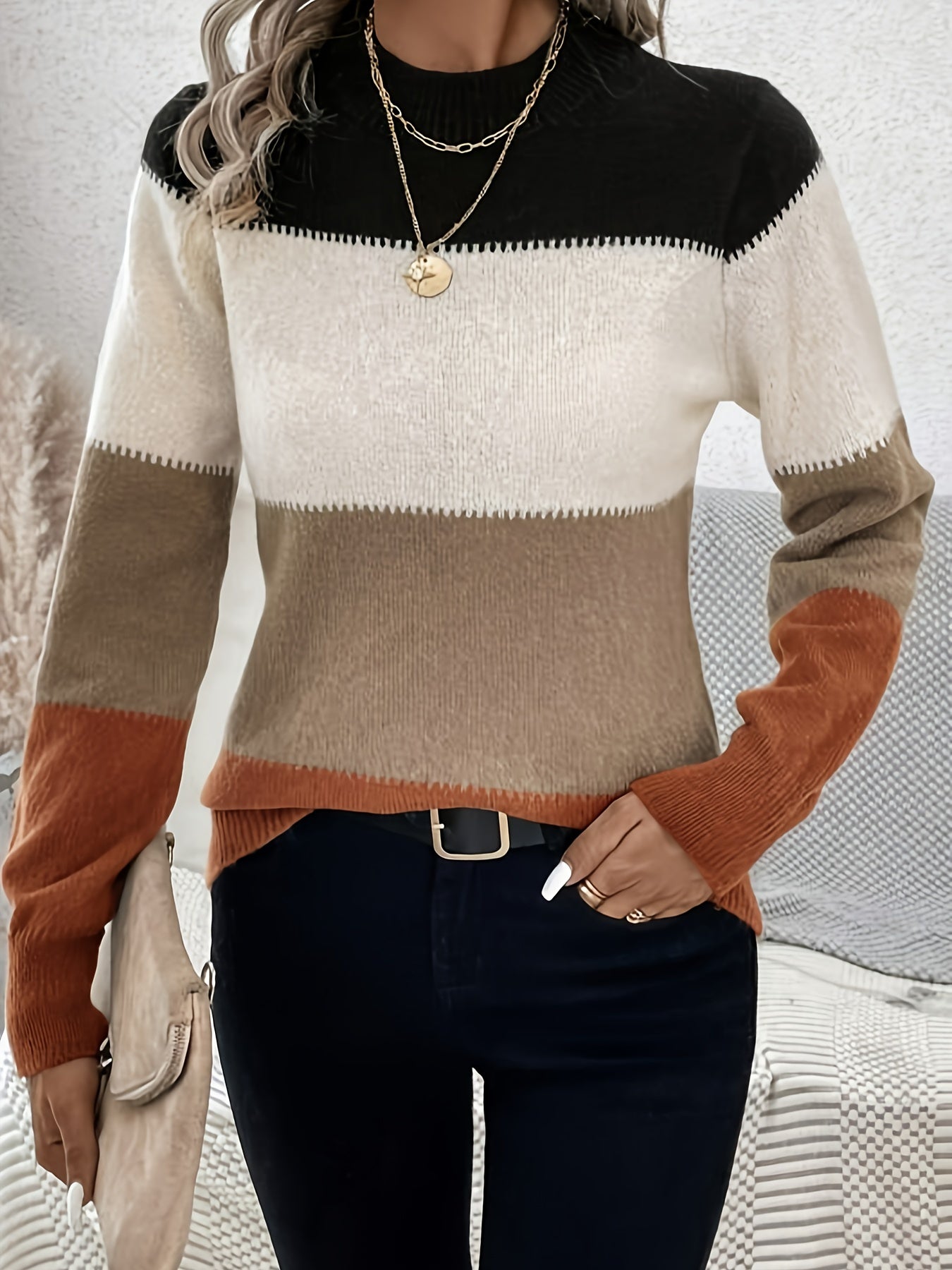 Trendy Color Block Mock Neck Pullover Sweater - Warm & Comfortable Long Sleeve - Perfect for Casual Everyday Style - Womens Winter Wear