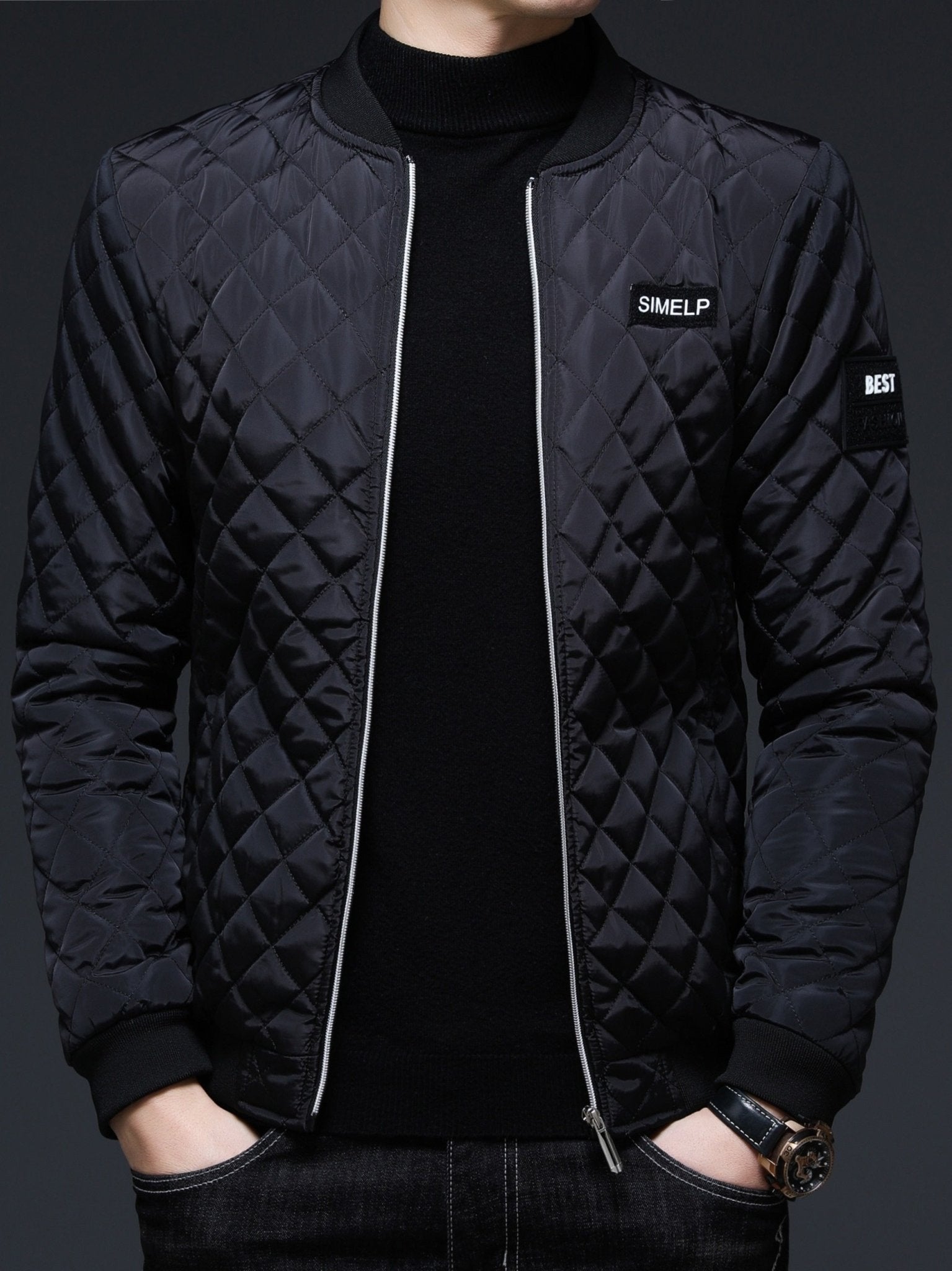 Men's Casual Quilted Zip Up Jacket, Chic Baseball Collar Jacket for Fall Winter - veyora
