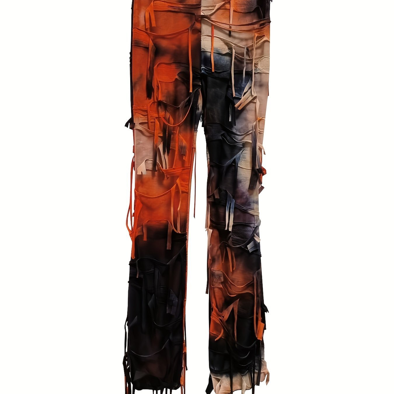 Women's Sexy High - Waisted Tie - Dye Mesh Flare Pants with Fringe Detail - Semi - Sheer Stretchy Trousers, Elastic Waistband, Machine Washable, Autumn/Winter Fashion for Mature Occasions - veyora