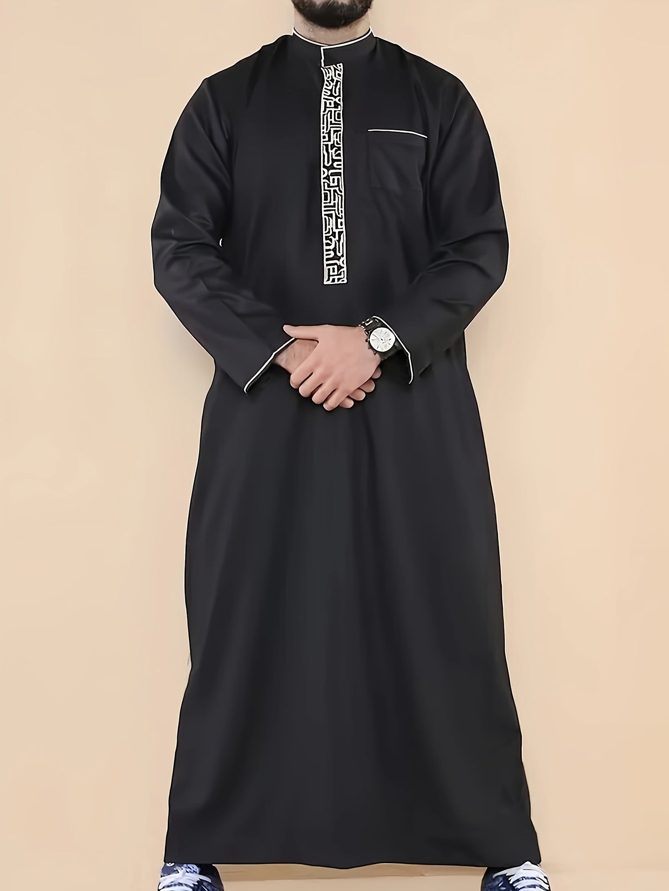 Elegant Men'S Embroidered Traditional Thobe, Polyester, Non-Stretch Fabric, Solid Color, Stand Collar, Regular Fit, Woven, for All Seasons, Muslim Festival Attire