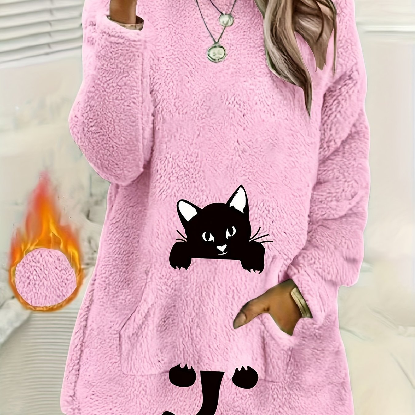 Women's Geometric Print Fleece Pullover Sweatshirt - Soft Long Sleeve Round Neck with Pockets, Machine Washable Casual Winter Wear, Elegant Regular Fit for All Seasons, Cute Sweatshirts, Allseason Apparel, Comfortable Pockets - veyora