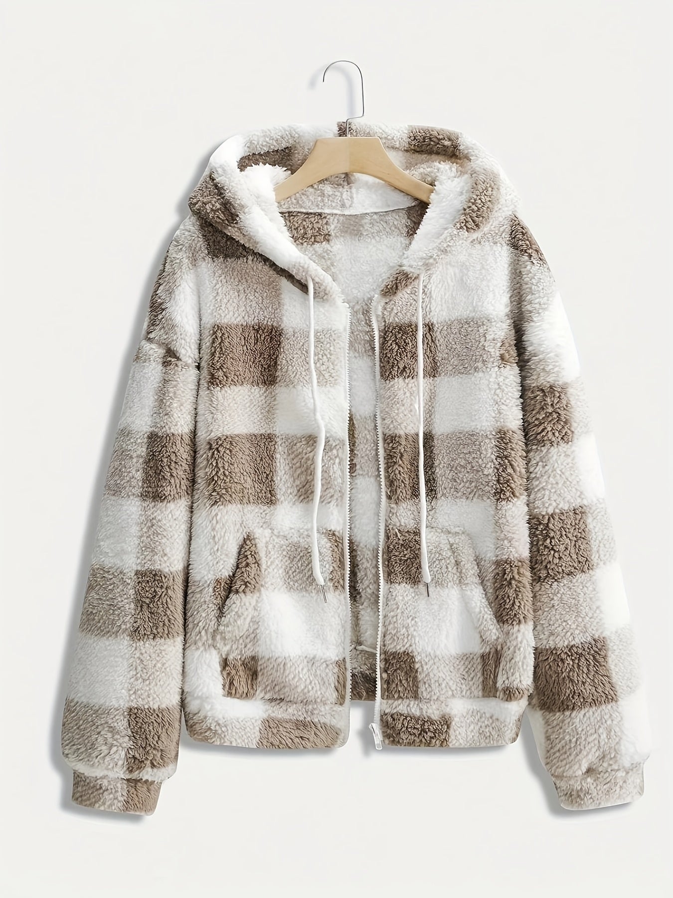 Women'S Plaid Fleece Coat - Mustard - Yellow & Checkered Winter Warmth, Soft Plush Jacket with Full - Zip Front Closure, Cozy Casual Outerwear for Fall & Winter, Winter Clothing, Fall Fashion, Stylish Outerwear, Fashion Lovers - veyora