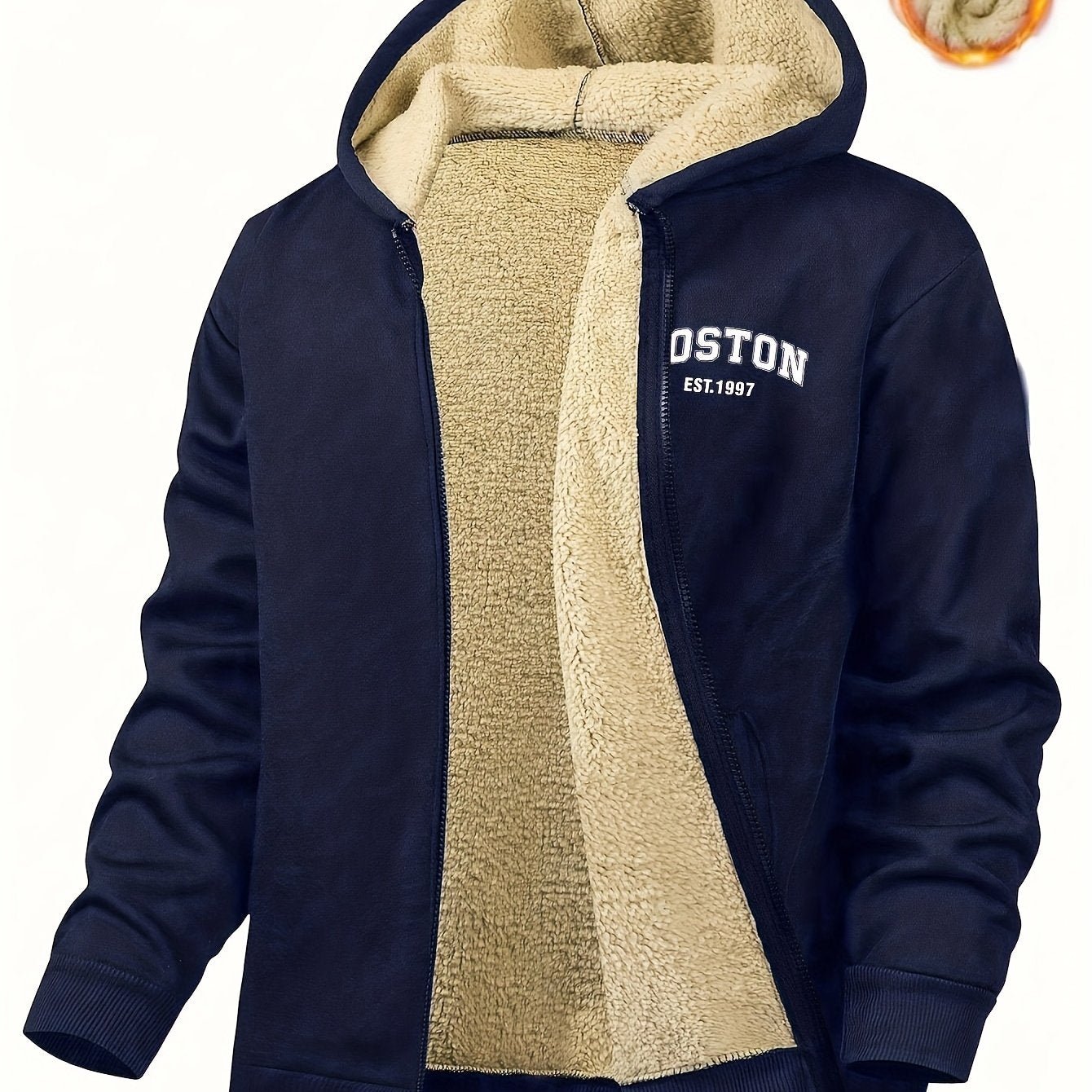 Men's Casual Zip - Up Hooded Jacket with Letter Print, Black & Beige Contrast, Regular Fit, Machine Washable, Front Pockets for Outdoor & Casual Attire - veyora
