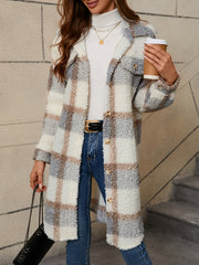 Long Sleeve Long Length Plaid Pattern Fuzzy Thermal Jacket, Casual Button Front Collar Coat for Fall & Winter, Women's Clothing