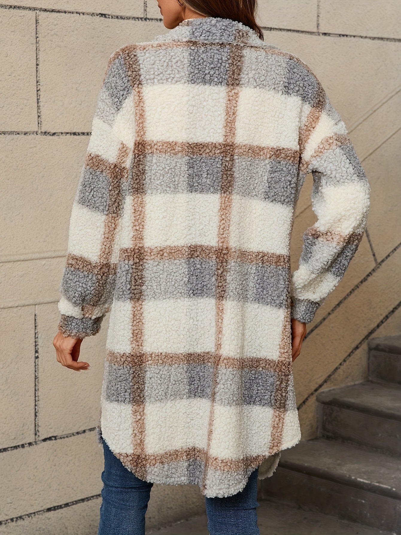 Long Sleeve Long Length Plaid Pattern Fuzzy Thermal Jacket, Casual Button Front Collar Coat for Fall & Winter, Women's Clothing