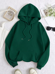 European and American Solid Color Hooded Sweatshirt for Women, Autumn and Winter - Lined Thick Kangaroo Pocket Casual Sports Top - veyora