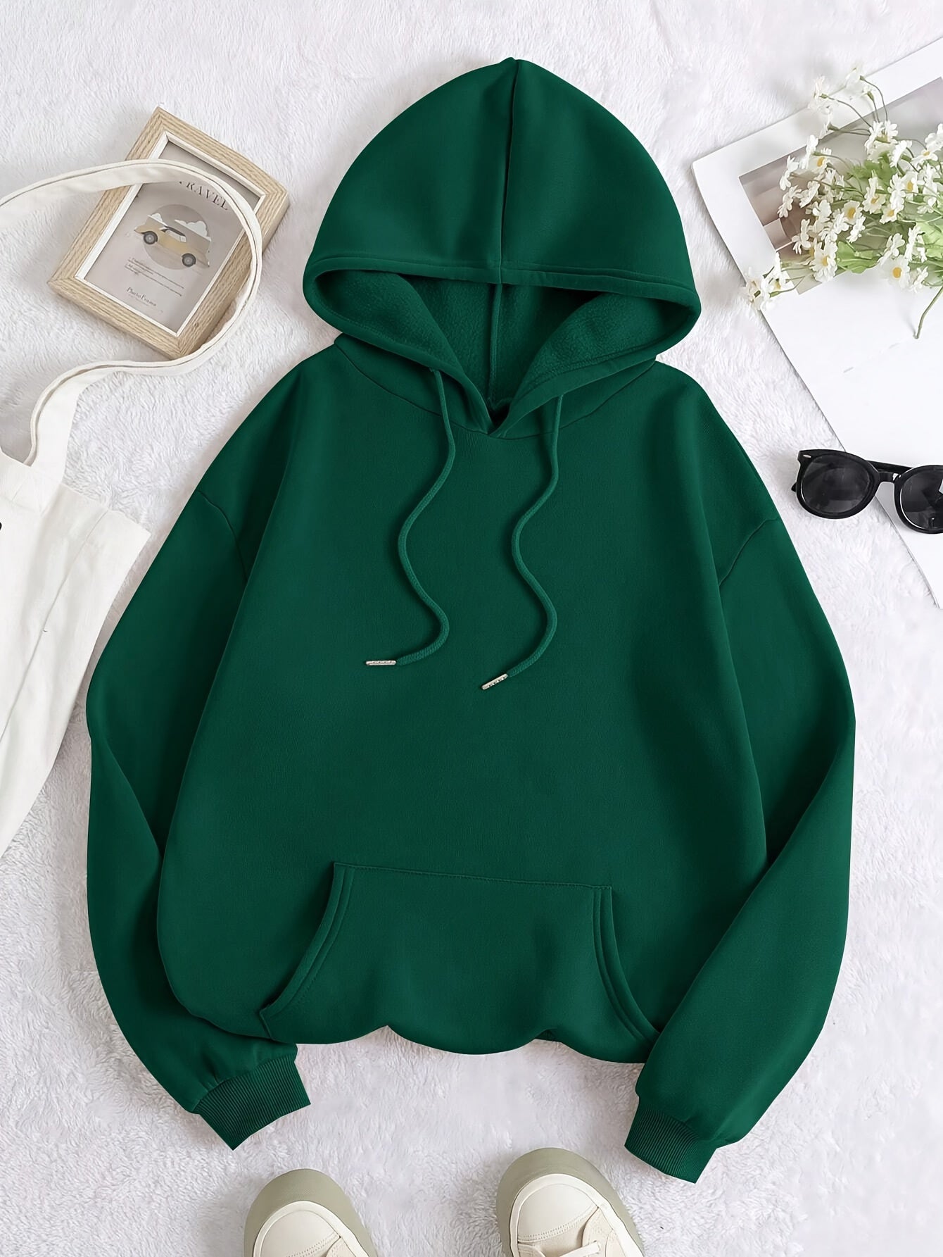 European and American Solid Color Hooded Sweatshirt for Women, Autumn and Winter - Lined Thick Kangaroo Pocket Casual Sports Top - veyora