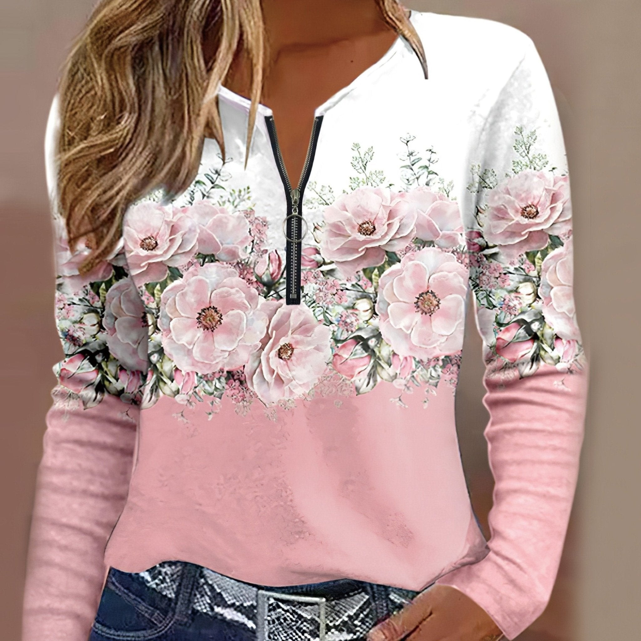 Floral Print V - neck T-Shirt, Casual Zipper Front Color Block Long Sleeve T-Shirt, Women's Clothing - veyora