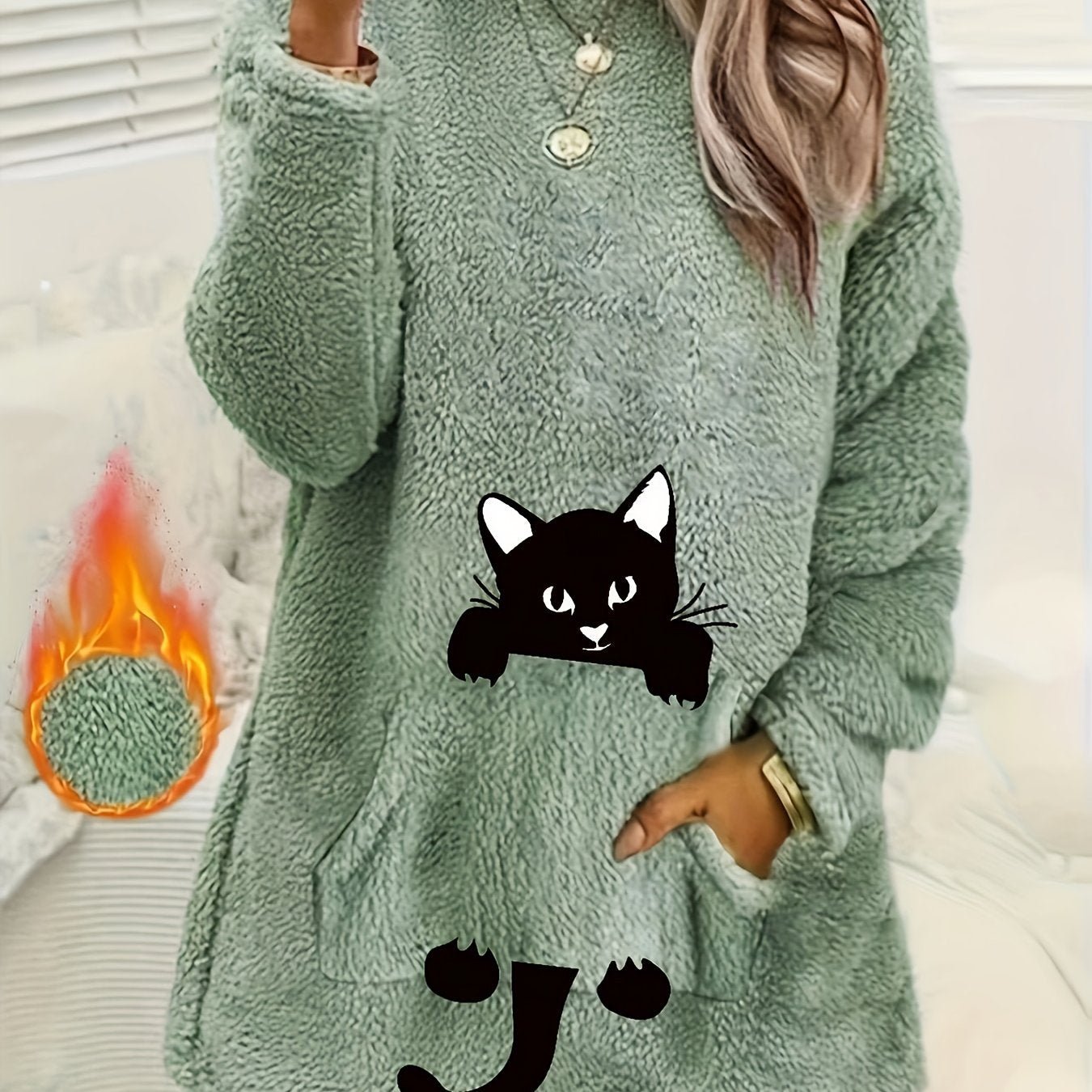 Women's Geometric Print Fleece Pullover Sweatshirt - Soft Long Sleeve Round Neck with Pockets, Machine Washable Casual Winter Wear, Elegant Regular Fit for All Seasons, Cute Sweatshirts, Allseason Apparel, Comfortable Pockets - veyora