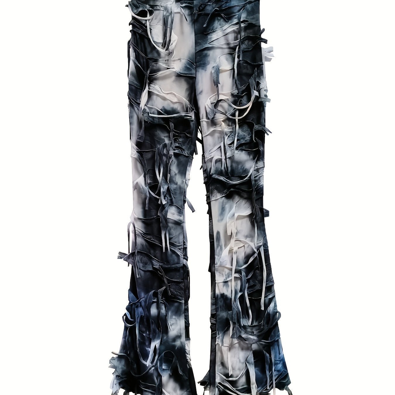 Women's Sexy High - Waisted Tie - Dye Mesh Flare Pants with Fringe Detail - Semi - Sheer Stretchy Trousers, Elastic Waistband, Machine Washable, Autumn/Winter Fashion for Mature Occasions - veyora