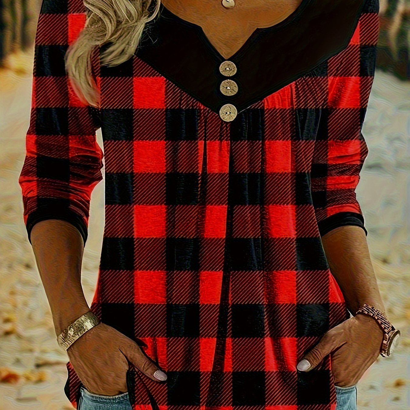 2026 Autumn Christmas Plaid Print Women's Top T-Shirt - veyora