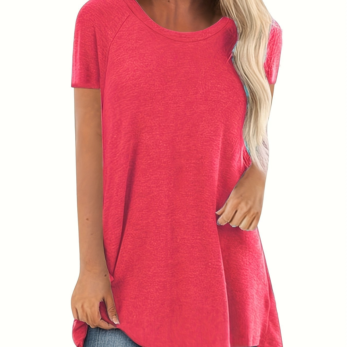 Women's Round Neck V - Neckline Longline Solid Color Short Sleeve T-Shirt - veyora