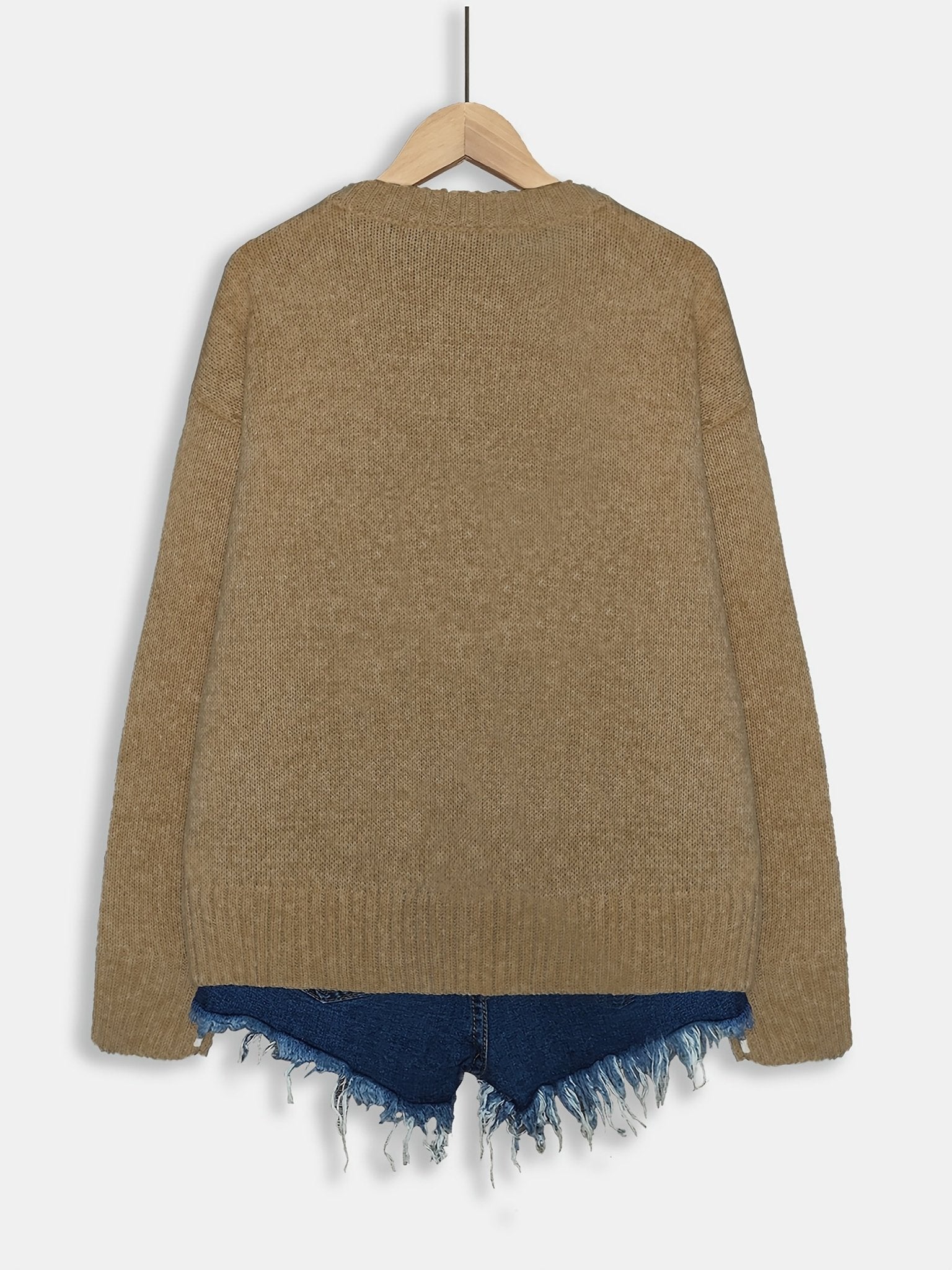 Women's Casual Rabbit Print Color - Block Round Neck Pullover Sweater - Light Blue & White Contrast, Medium Stretch Cozy Fall Winter Knit Top, Relaxed Fit Clothing | Soft Texture Apparel - veyora