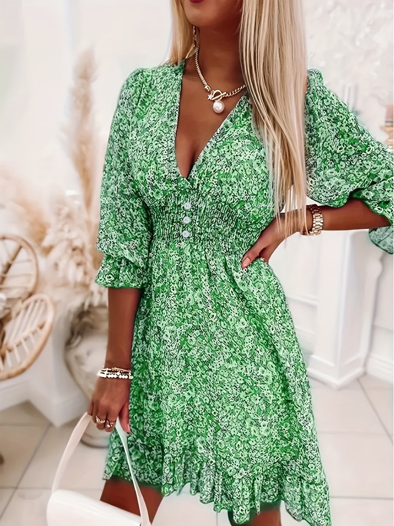 Polyester and Spandex V-Neck Floral Print Short Sleeve Bubble Sleeve A-Line Dress, with Button Details, for Adult, Summer Vacation