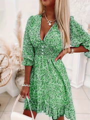 Polyester and Spandex V-Neck Floral Print Short Sleeve Bubble Sleeve A-Line Dress, with Button Details, for Adult, Summer Vacation