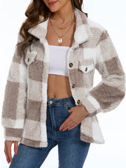 Button - Up Teddy Coat with a Plaid Design, Adaptable Long - Sleeve Winter Thermal Outerwear, Women'S Apparel - veyora
