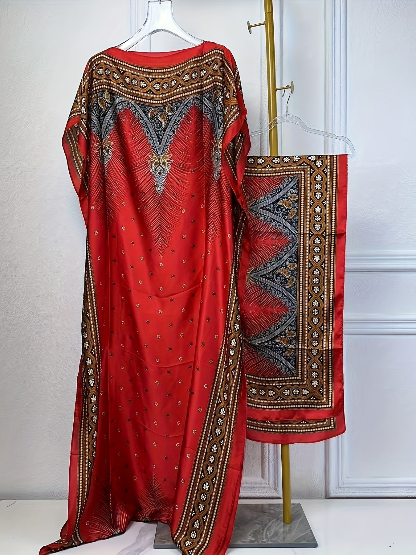 [Elegant Print Abaya] Elegant Abaya - Print Boat Neck Loose Dress With Scarf For Spring & Summer, Women's Clothing