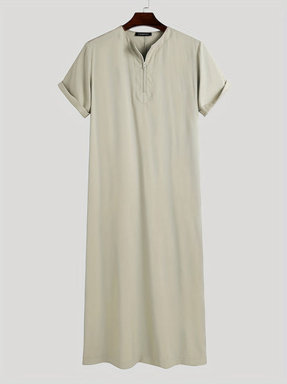 INCERUN Men's Vintage Arabic Thobe | Casual Polyester-Spandex Blend | O-Neck Short Sleeve Robe | Gradient Color | Machine Washable & Dry Clean Safe | Traditional Saudi Style Jubba Thobe | Autumn Collection, Autumn Thobe | Saudi Style Robe | Seamless Fini