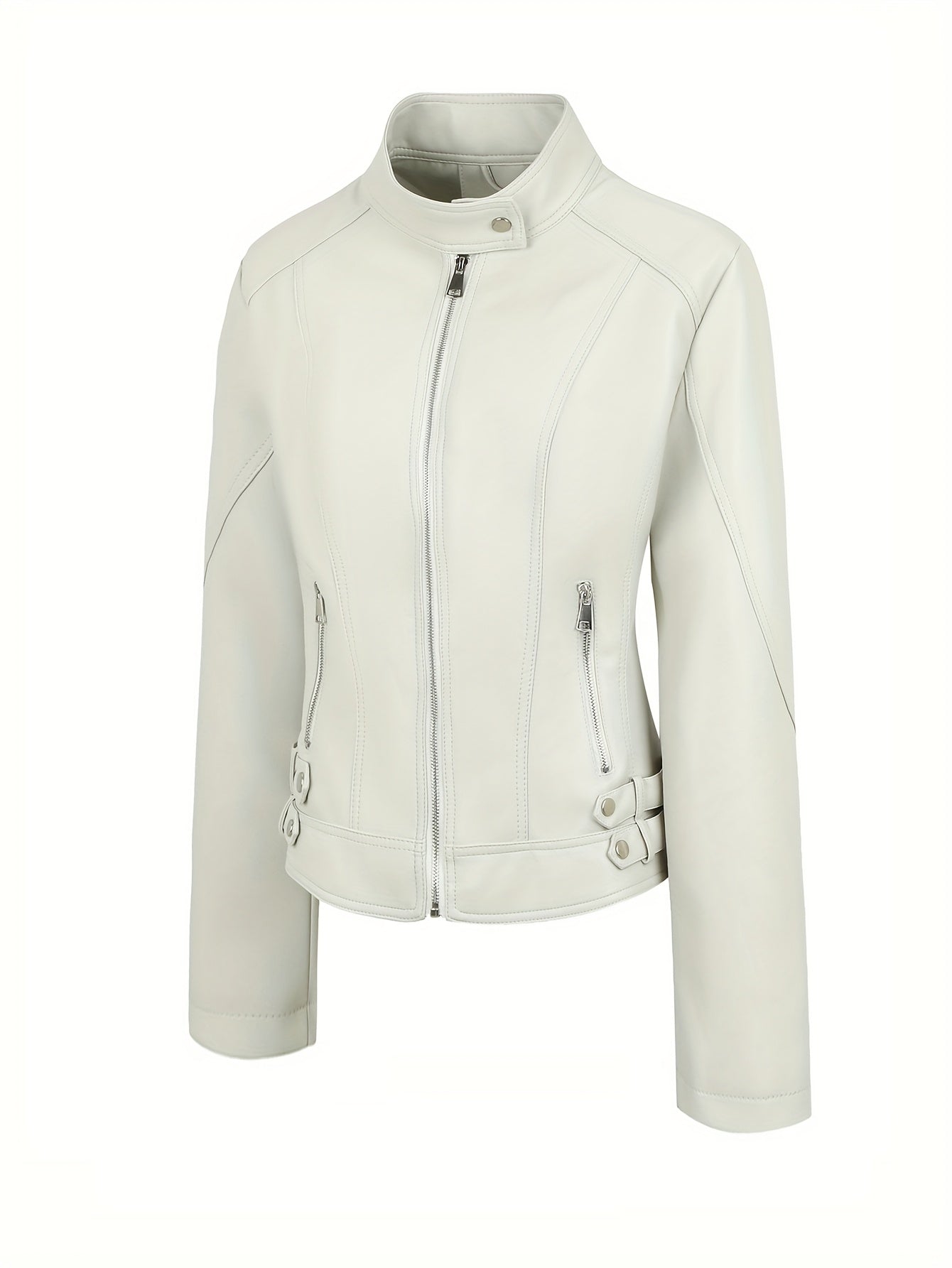 Women'S Zip - Up Faux Leather Motorcycle Jacket, Faux Leather Stand Collar Top, Stylish Fitted Coat, New Women'S Fashion - veyora