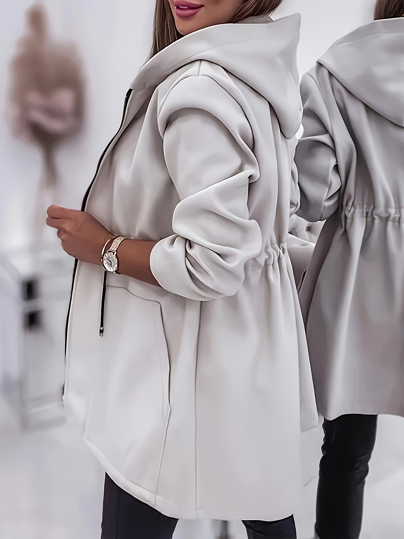 Pocket Zipper Design Drawstring Hooded Coat - veyora