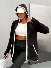 Women's Solid Color Autumn/Winter - Lined Thickened Drawstring Hoodie Sweatshirt Jacket with Pockets, Zipper, White Line Design, Thumb Holes at Cuffs, and Other Multi - Functional Casual Sport Features - veyora