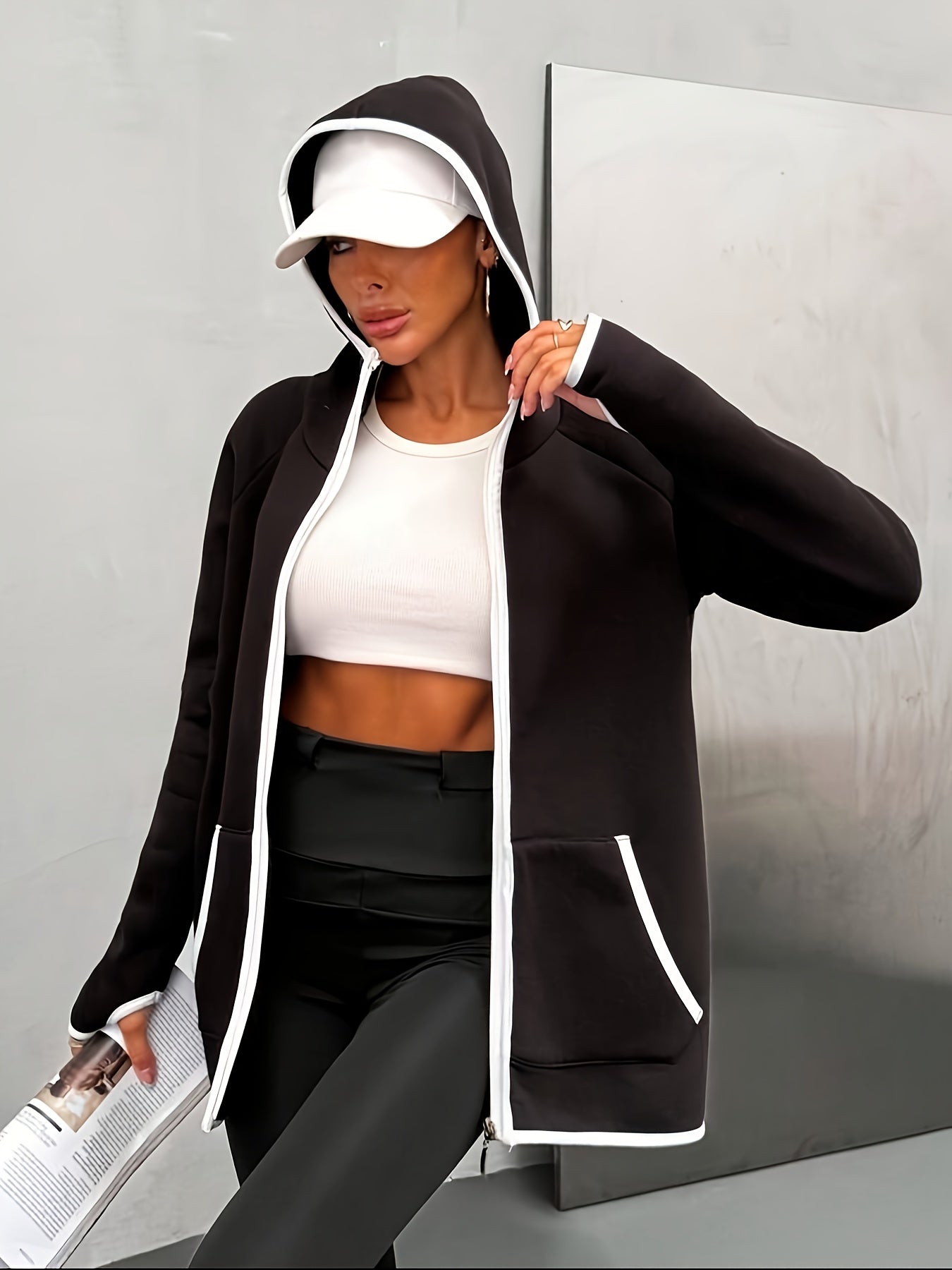 Women's Solid Color Autumn/Winter - Lined Thickened Drawstring Hoodie Sweatshirt Jacket with Pockets, Zipper, White Line Design, Thumb Holes at Cuffs, and Other Multi - Functional Casual Sport Features - veyora