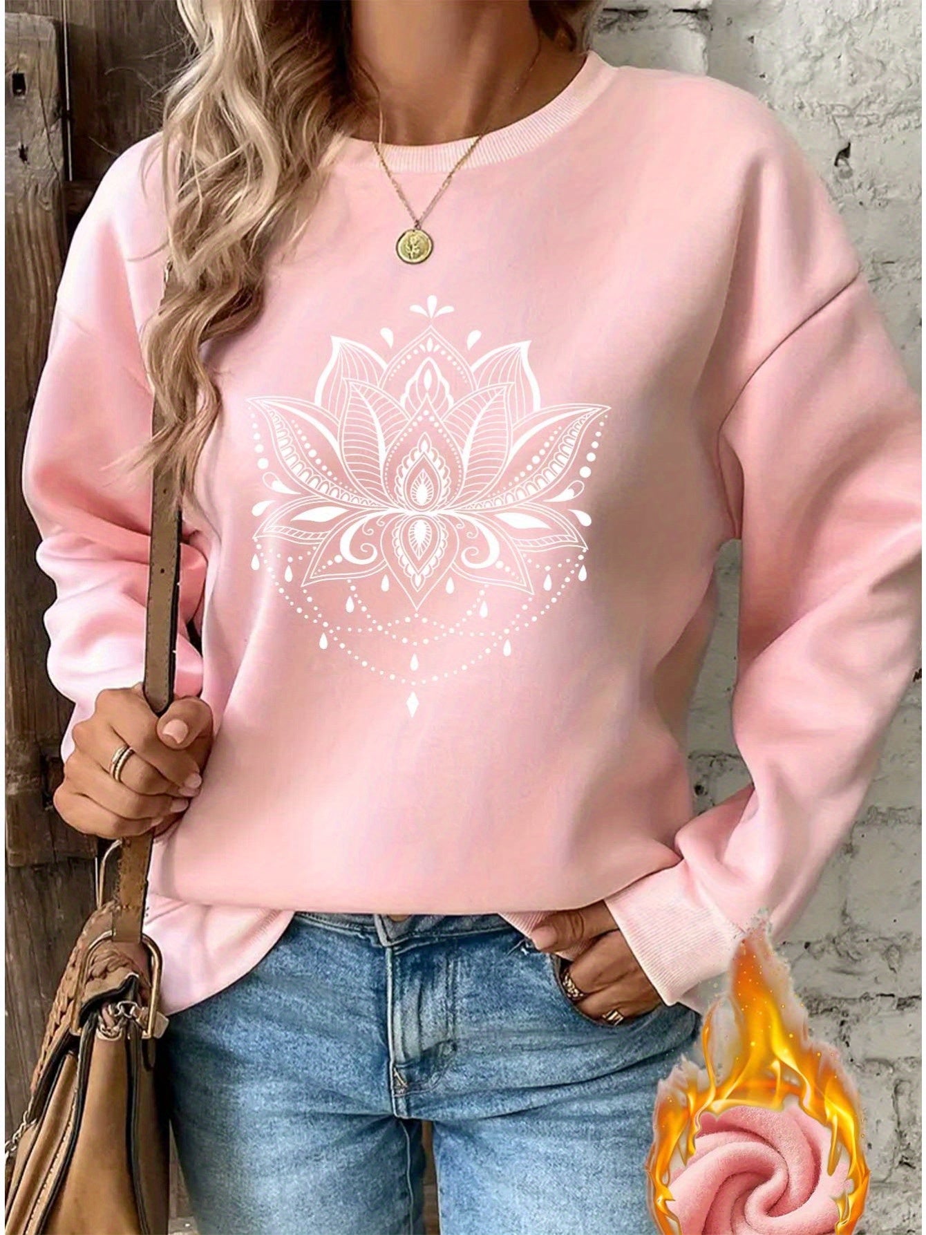 Mandala for Lotus Pattern Print Women's Daily Casual Plus Thickened Pullover Sweater - veyora