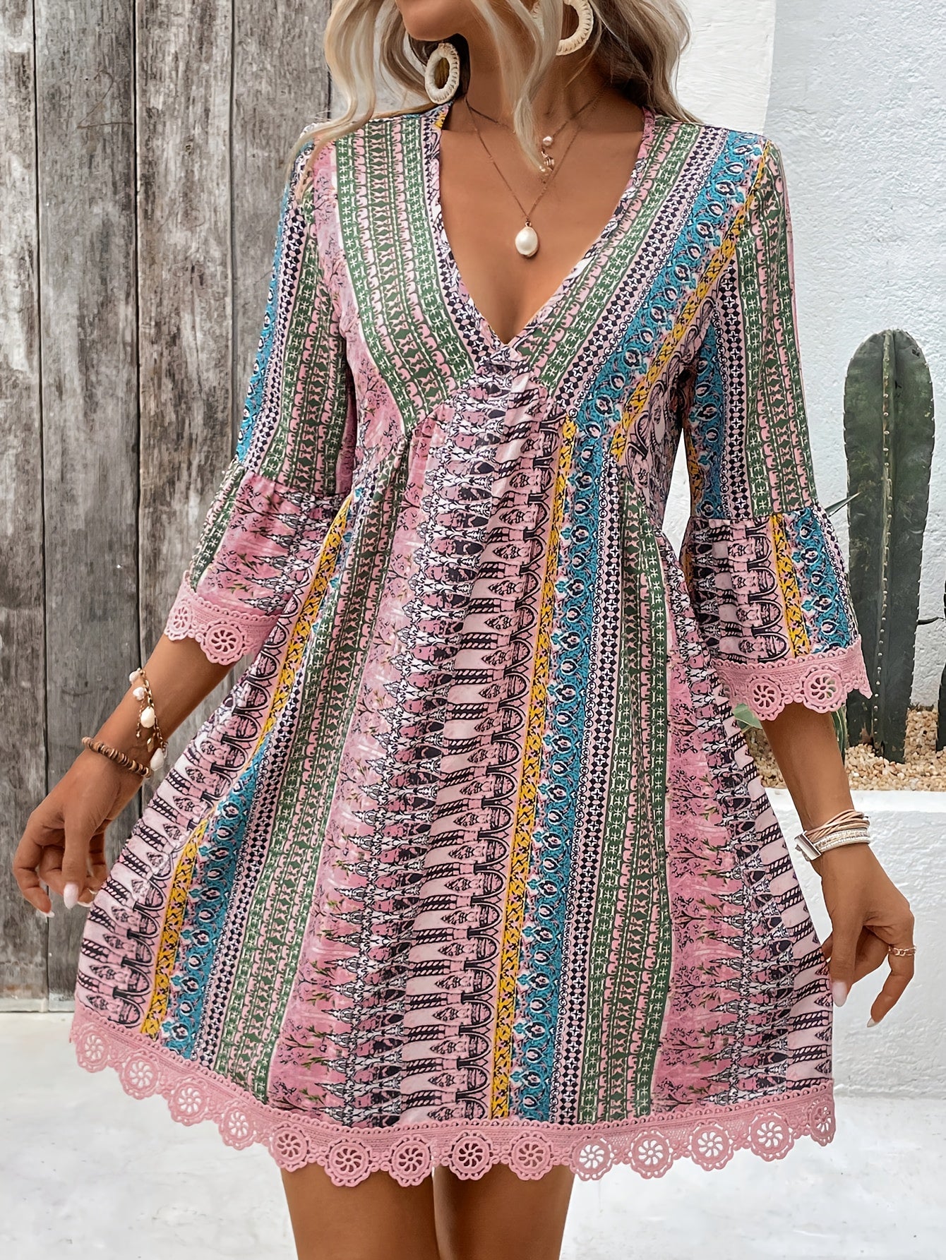 Women's Elegant V-Neck Dress with Lace Trim - Colorful Striped and Floral Print, Lightweight Polyester Blend, Perfect for Summer, Relaxed Fit Dress|Patterned Dress|Smooth Texture, Cute Dresses