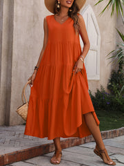 Loose Casual Sleeveless V Neck Ruffle Hem Dress for Spring & Summer, Women's Clothing